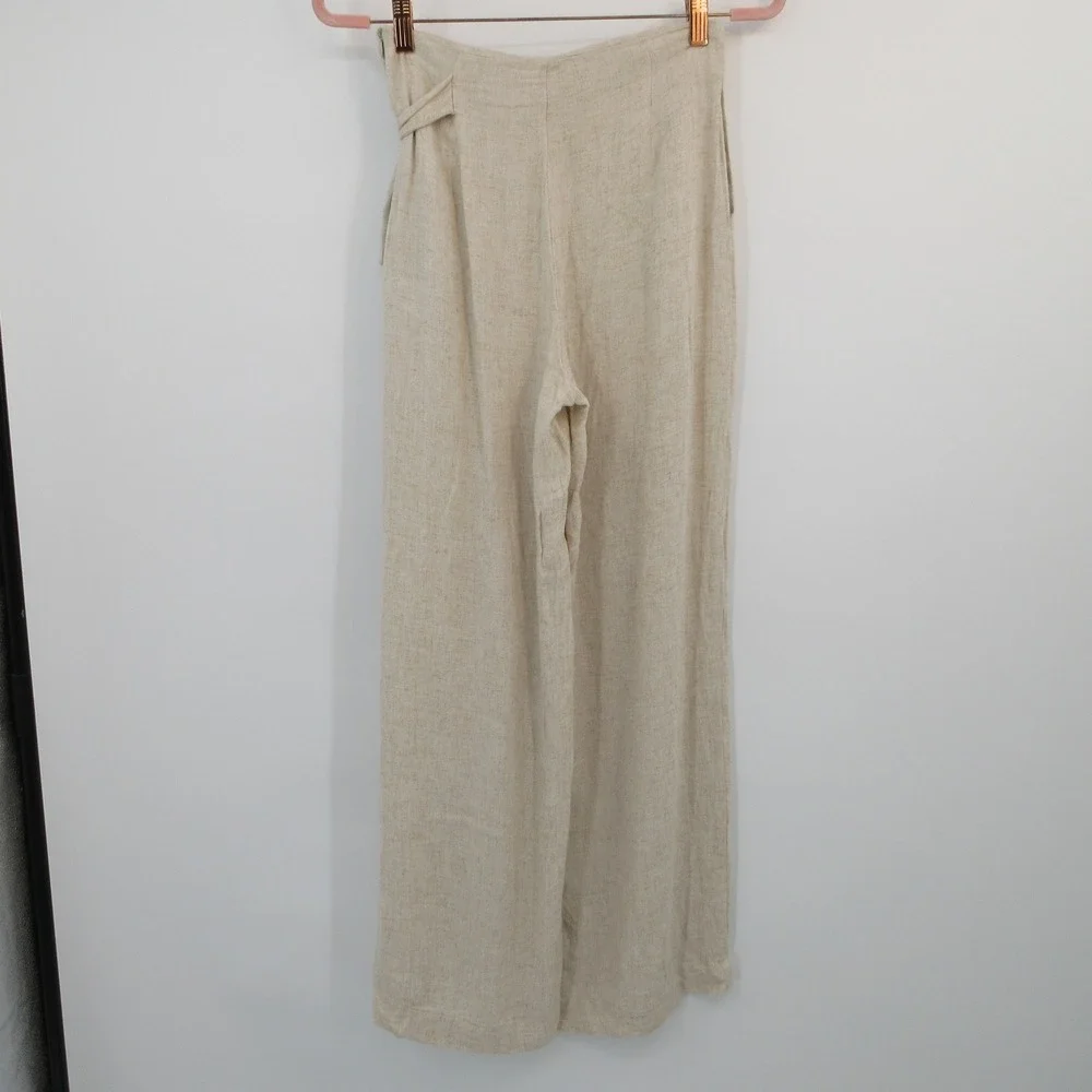 Zara XS Beige Linen Blend High Waist Wide Leg Wrap Tie Trousers Pants Boho